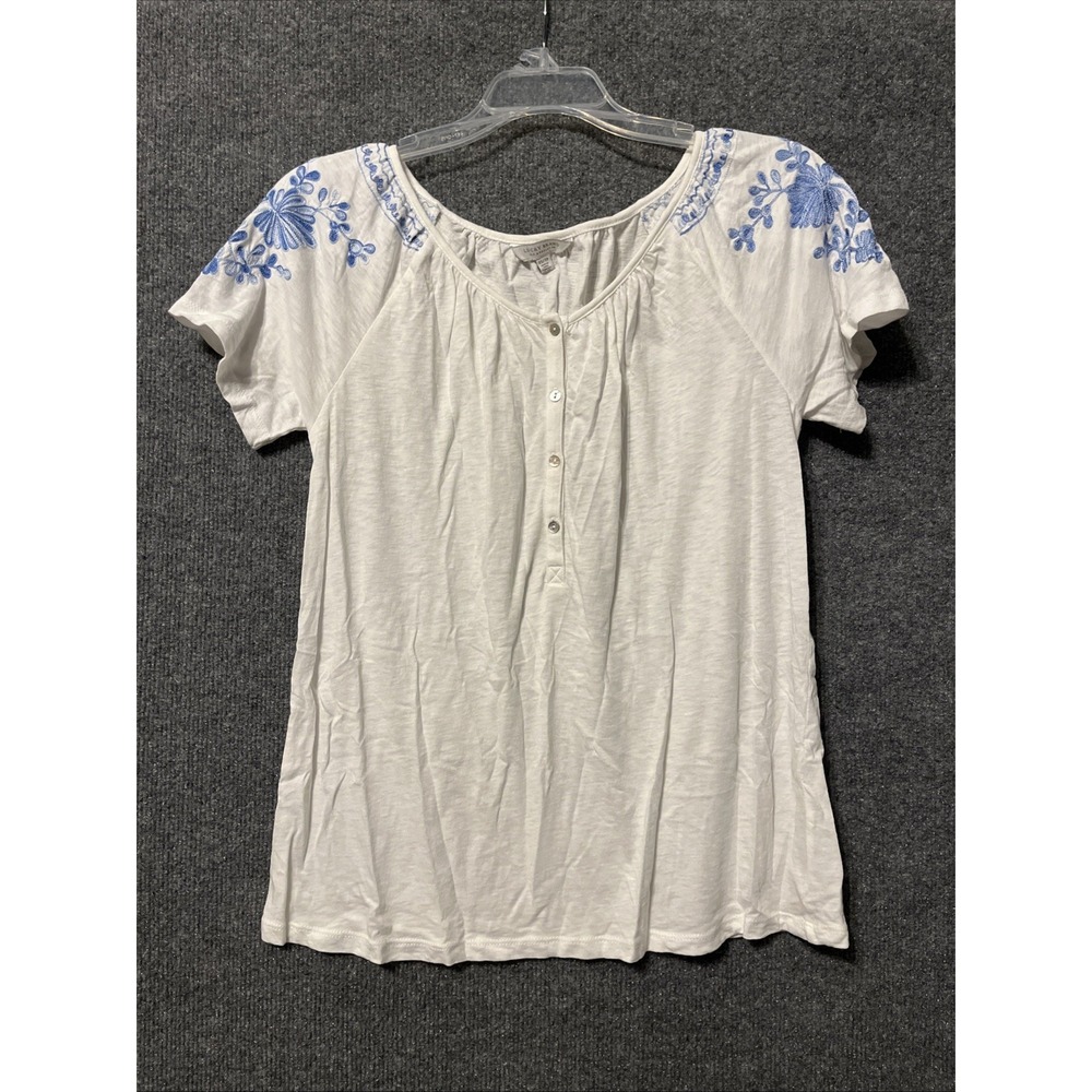 Lucky‎ Brand Top Womens XS White Floral Stretch V-Neck Short Sleeve 1/4 Button